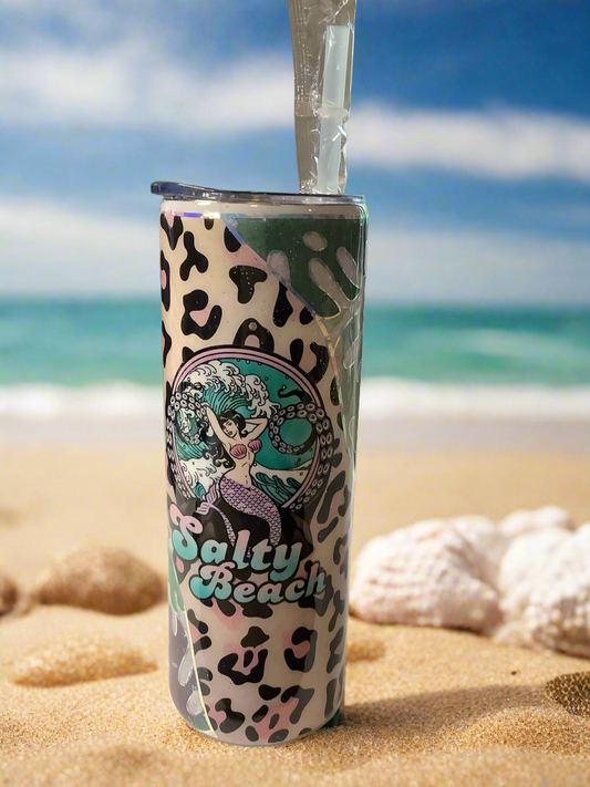 RTS 20oz tumbler “Salty Beach” monstera and animal print